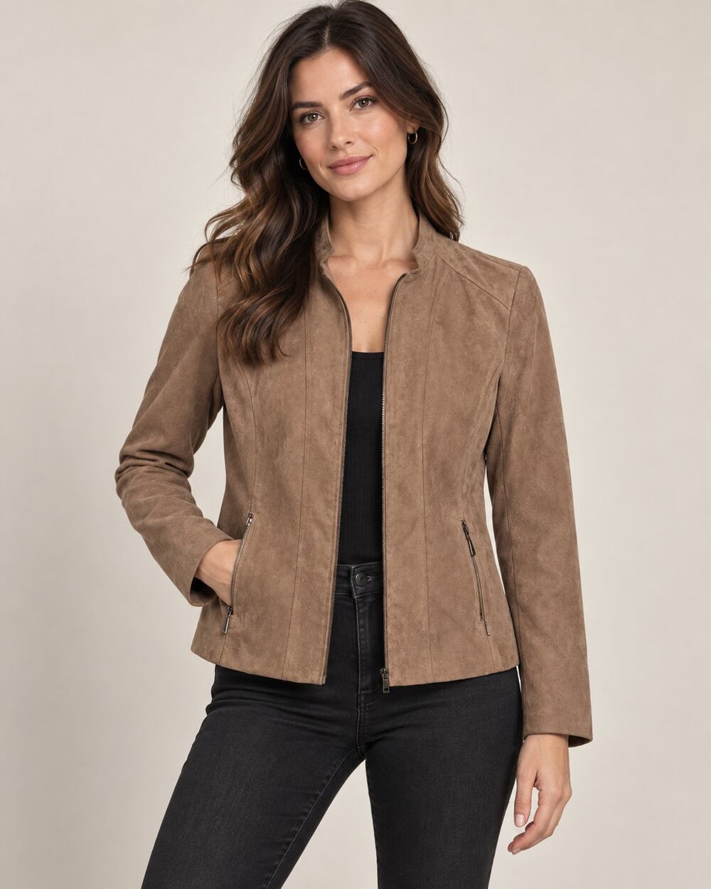 Studio Works Petite 8P Faux Suede Jacket Taupe Brown Zip Front Moto Y2K